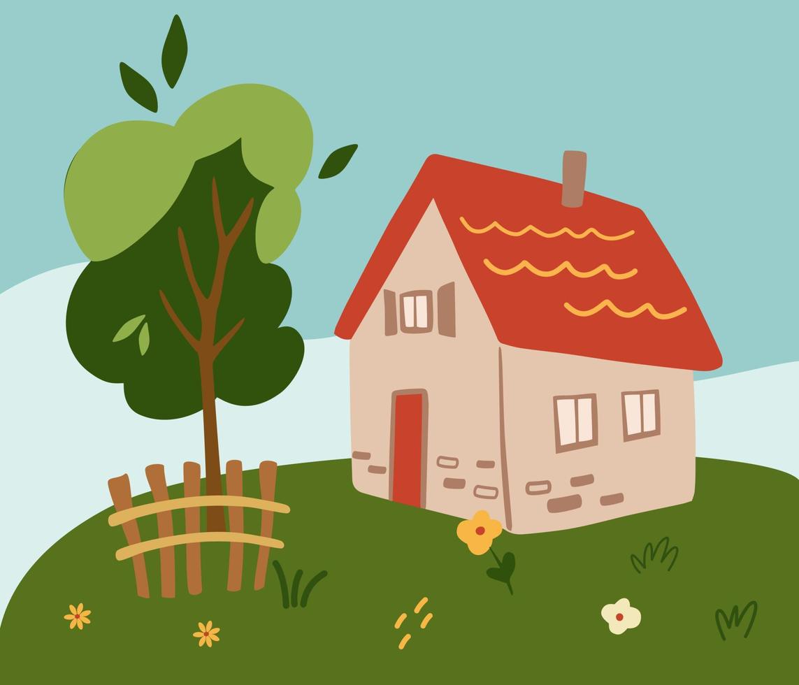 landschap met een landhuis. schattig, stenen huis met een boom, een hek en een open plek met bloemen. plattelandsleven. perfect voor het afdrukken van banners, ansichtkaarten en uitnodigingen. cartoon vectorillustratie. vector