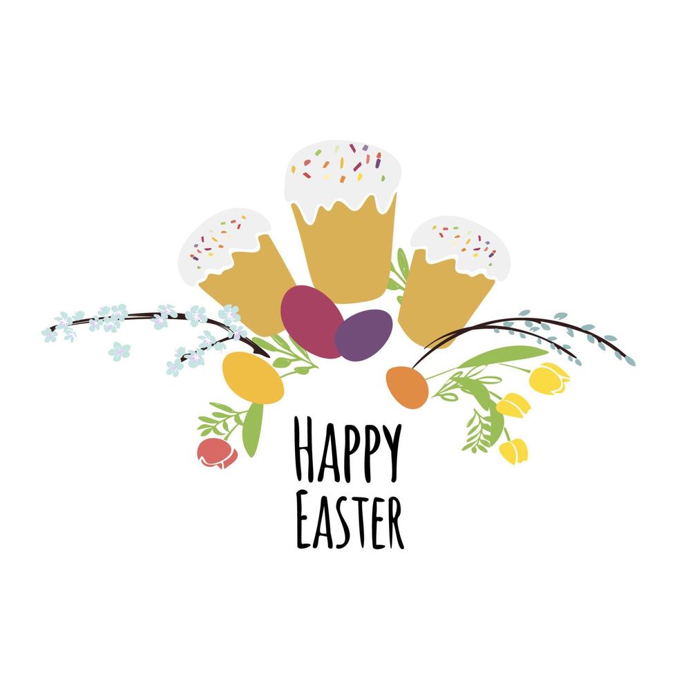 illustratie pasen met Pasen traditionele symbolen collectie-paas cake en ei, lente bloemen vrolijk pasen wenskaart in pastel colo vector