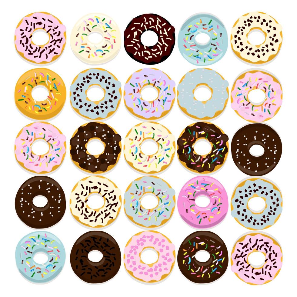 zoete donut set van traditionele Amerikaanse zoete dessert met kleurrijke glazuur en hagelslag geïsoleerd op een witte achtergrond voor menu-ontwerp, café decoratie, leveringsdoos. vector illustratie