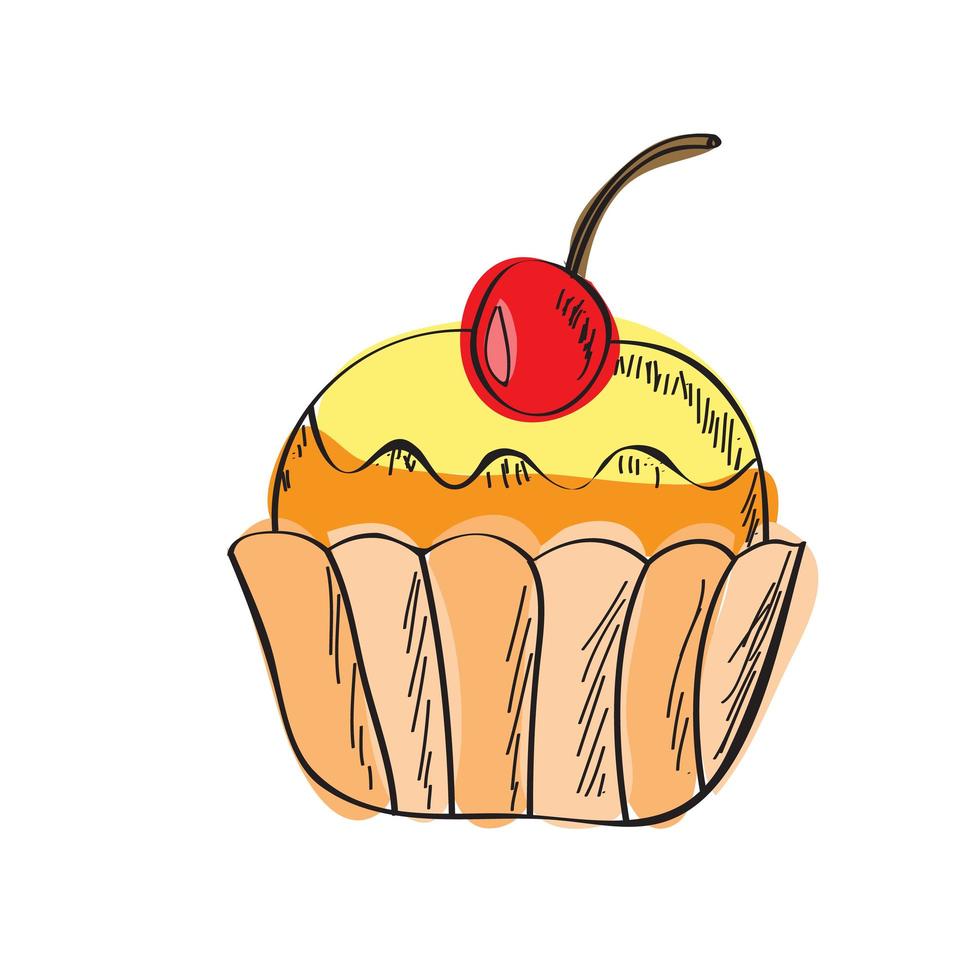 cupcake hand getrokken doodle vectorillustratie. tekenfilm taart vector