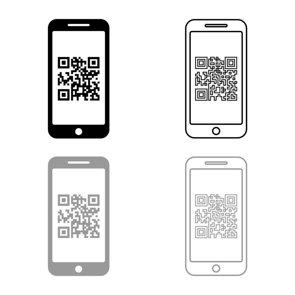 smartphone met qr-code op scherm pictogram overzicht set zwart grijze kleur vector illustratie vlakke stijl afbeelding