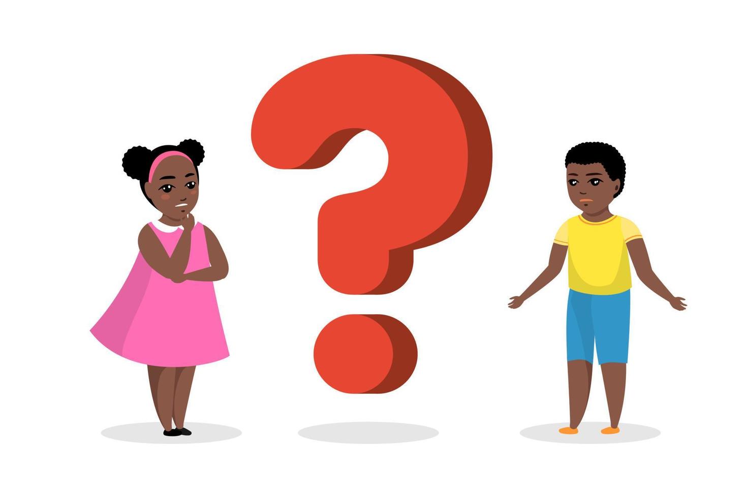 zwarte Afro-Amerikaanse jongen en meisje staan in de buurt van een groot vraagteken. concept van het verkrijgen van kennis door nadenkende jonge mensen. nieuwsgierige kinderen stellen vragen en zoeken naar antwoorden. vector illustratie