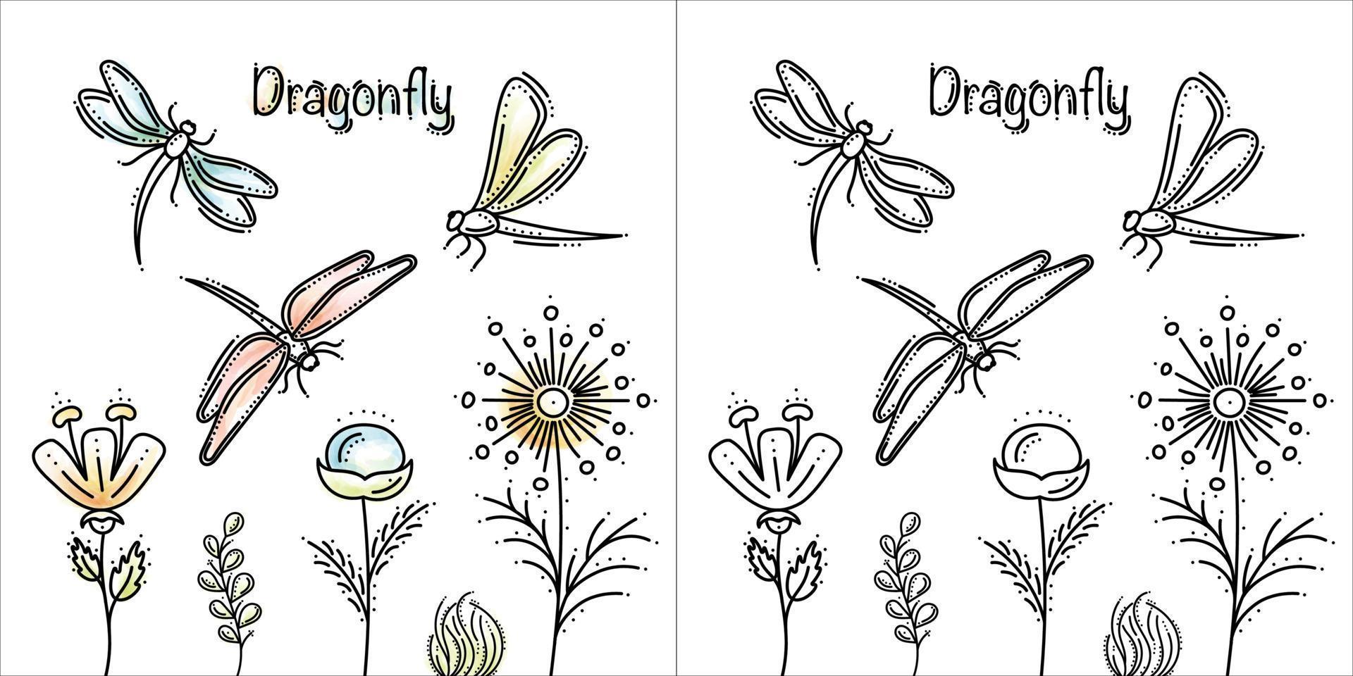 libellen en bloemen lijntekeningen vector
