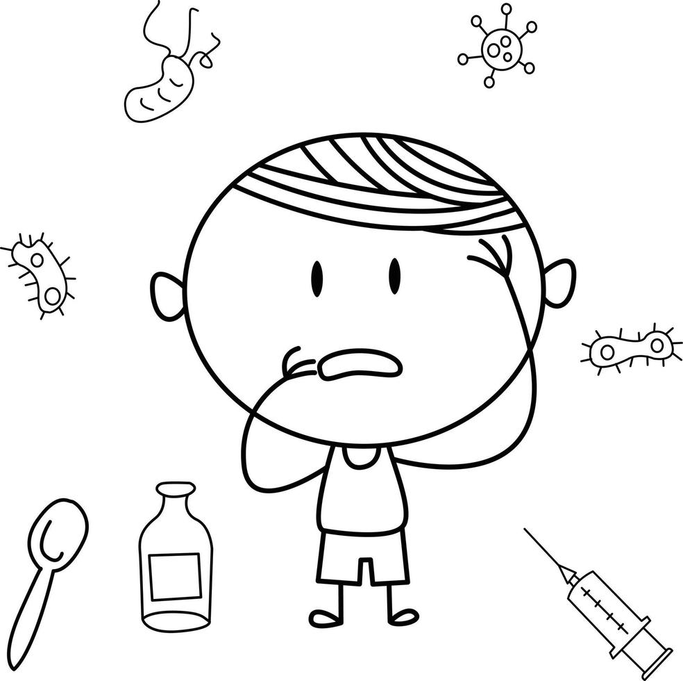 leuke cartoonillustratie voor kinderen. zwart en wit. de jongen heeft hoofdpijn. vector