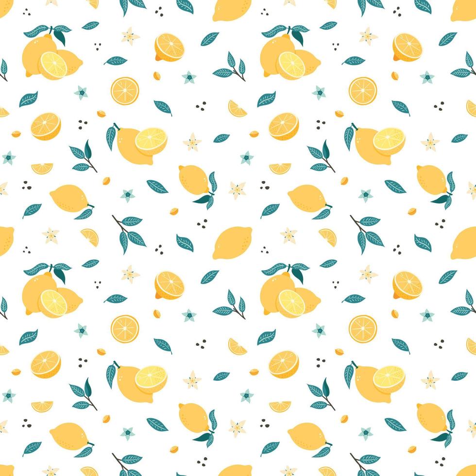 hand getekende citrus achtergrond. citroen naadloos patroon. geel fruitornament voor behang, inpakpapier, textiel, menu, voedselpakketontwerp en decoratie vector