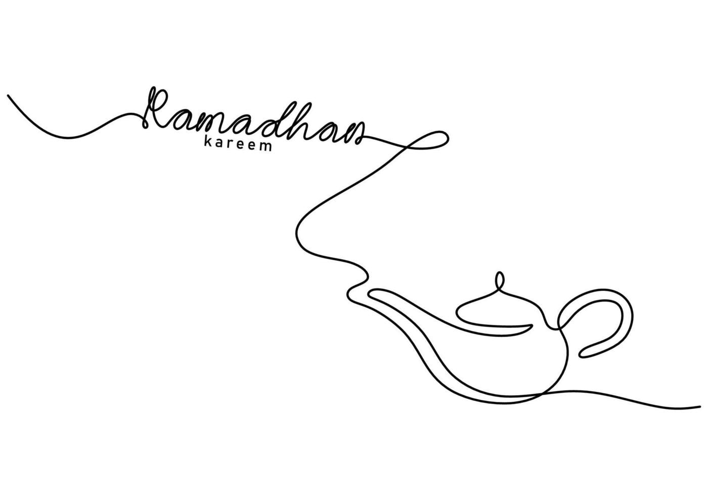 één doorlopende enkele regel ramadan kareem-woord met theepot vector