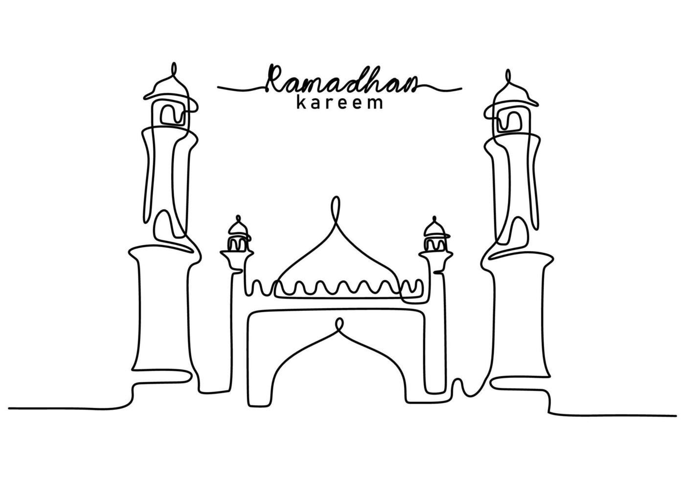 één ononderbroken enkele lijn van grote moskee met ramadan kareem-woord vector