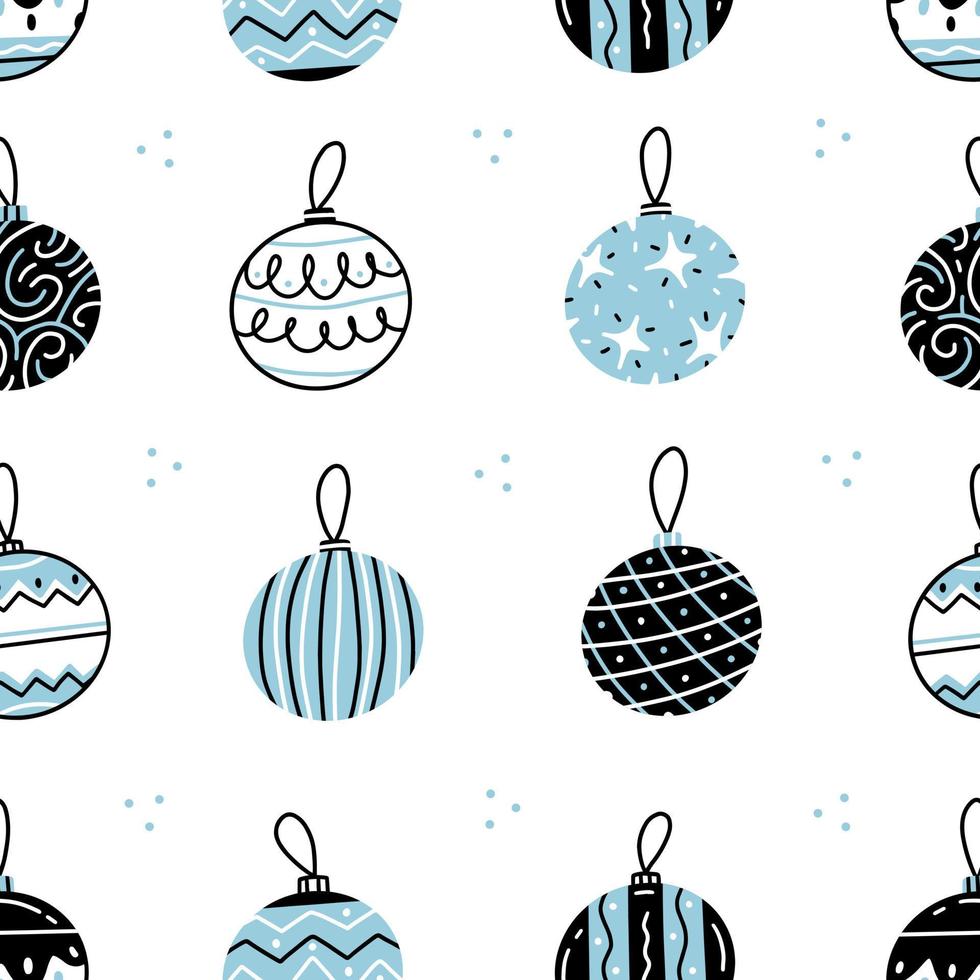 naadloos patroon met blauwe en witte kerstballen in een schattige doodle-stijl op een witte achtergrond. vector nieuwjaar en kerst achtergrond illustratie.