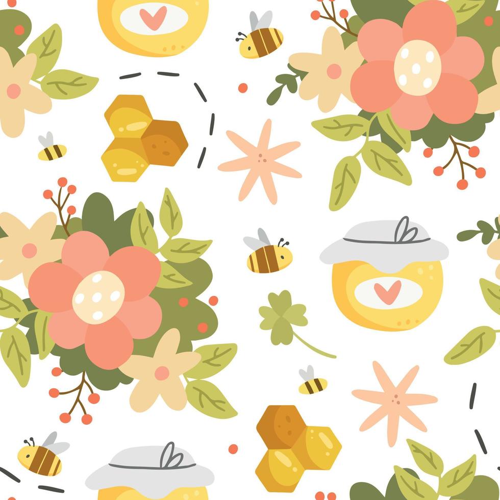 honing naadloos patroon met verschillende objecten in een schattige cartoon-stijl. vectorillustratie. patroon met bijen, honing, honingraat, pot honing, bloemen op witte achtergrond. vector