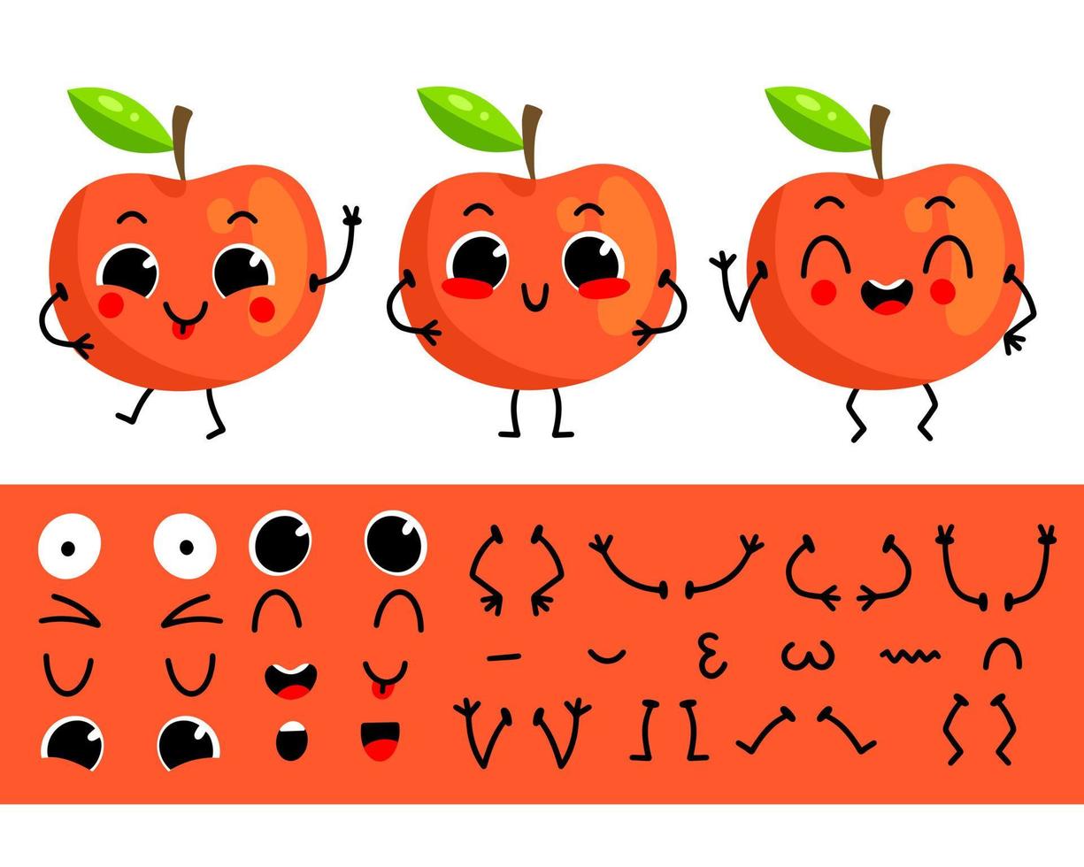 rode appel. set voor het maken van grappige cartoon karakter appel. karakter constructor vectorillustratie. vector