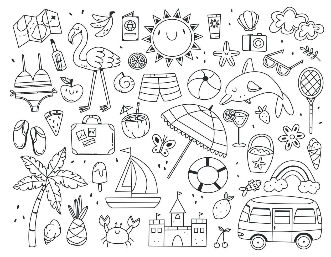 grote set van verschillende zomer items in zwart-wit doodle stijl geïsoleerd op een witte achtergrond. vectorkrabbelillustratie. vector