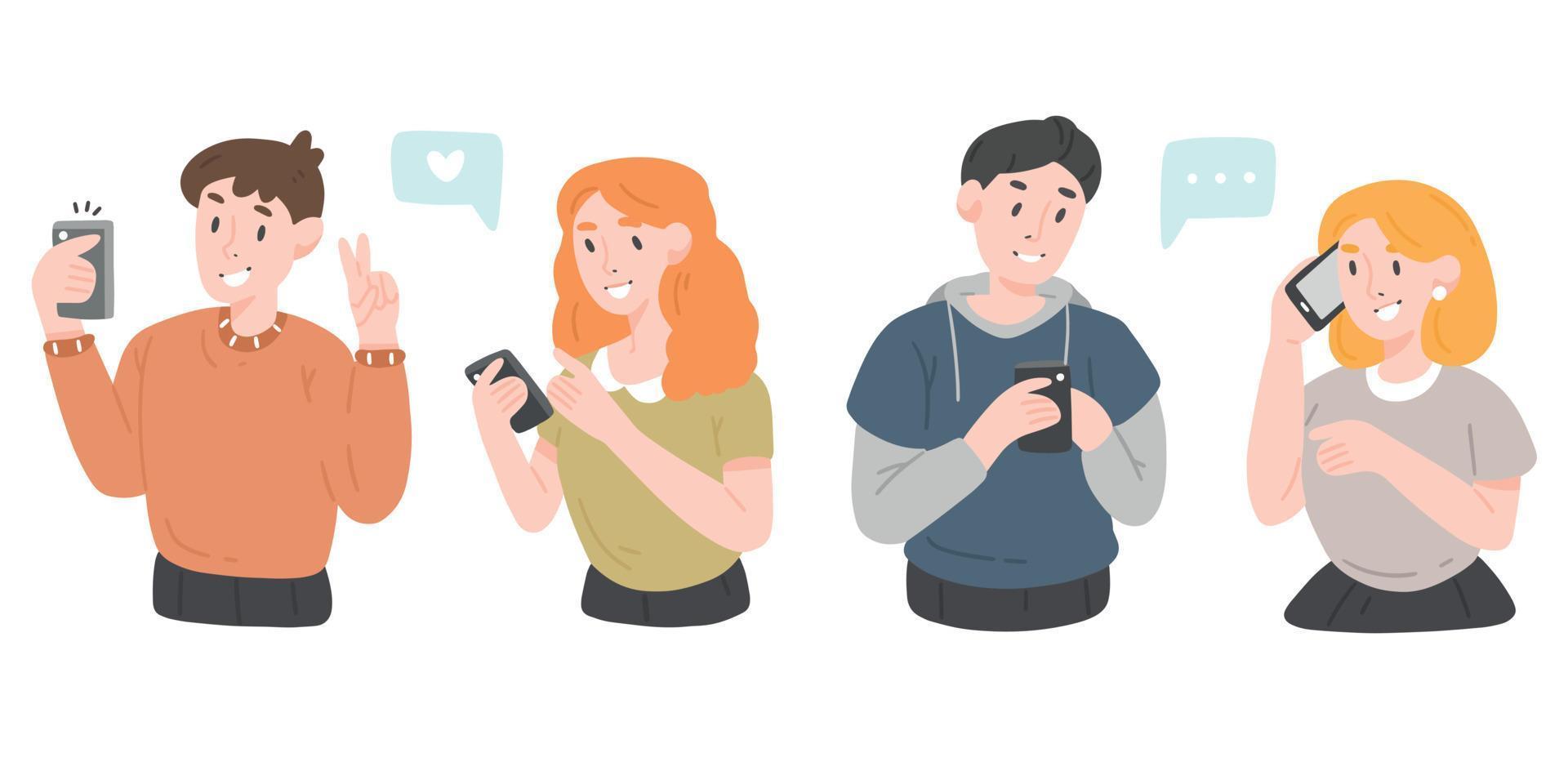 jongeren praten aan de telefoon, corresponderen, nemen selfies. gelukkige jongens en meisjes, man en vrouw met smartphones set.vector platte cartoon afbeelding. vector