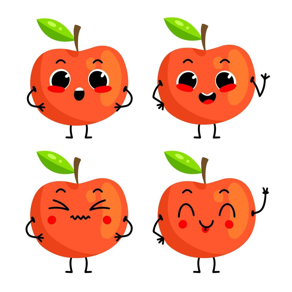 een set schattige rode appelkarakters. vectorillustratie met fruit karakter geïsoleerd op de achtergrond. vector