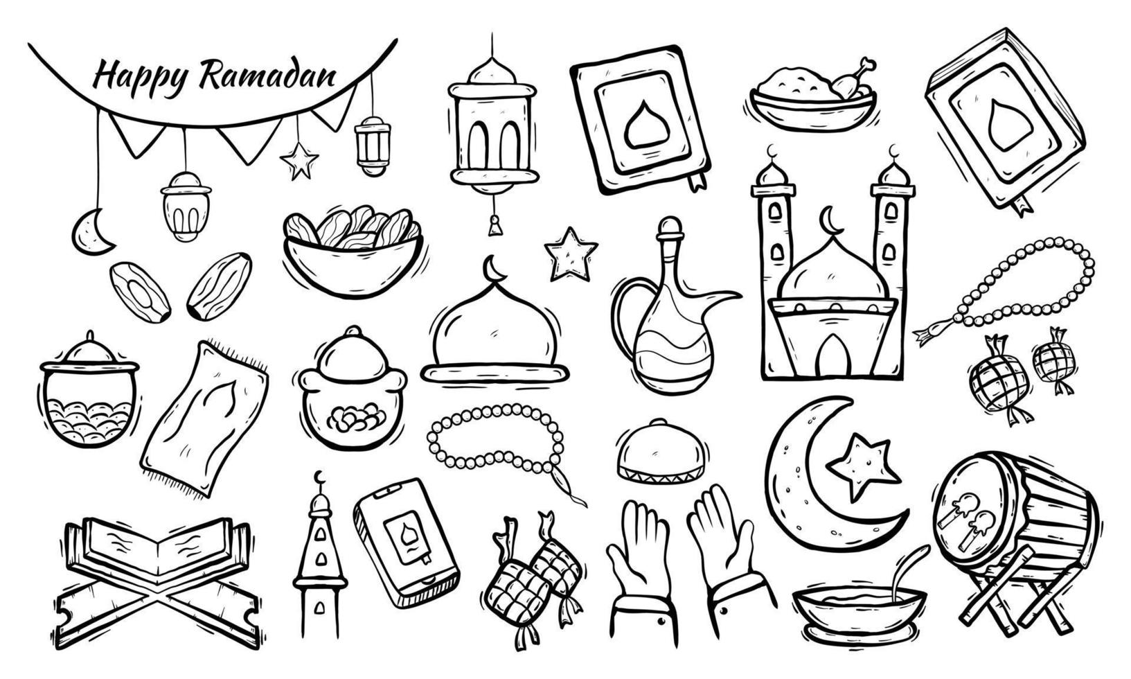 set van islamitisch doodle-element gerelateerd aan hulst ramadan. ontwerpconcept islamitische symbolen en pictogrammen met handgetekende schetsstijl vector