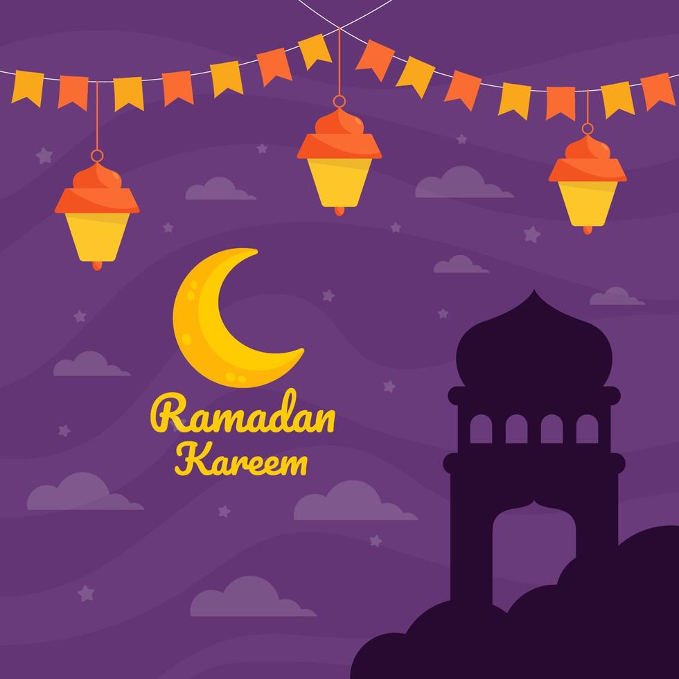 ramadan kareem illustratie met wassende maan, moskee en lantaarn concept. platte ontwerp cartoon stijl vector