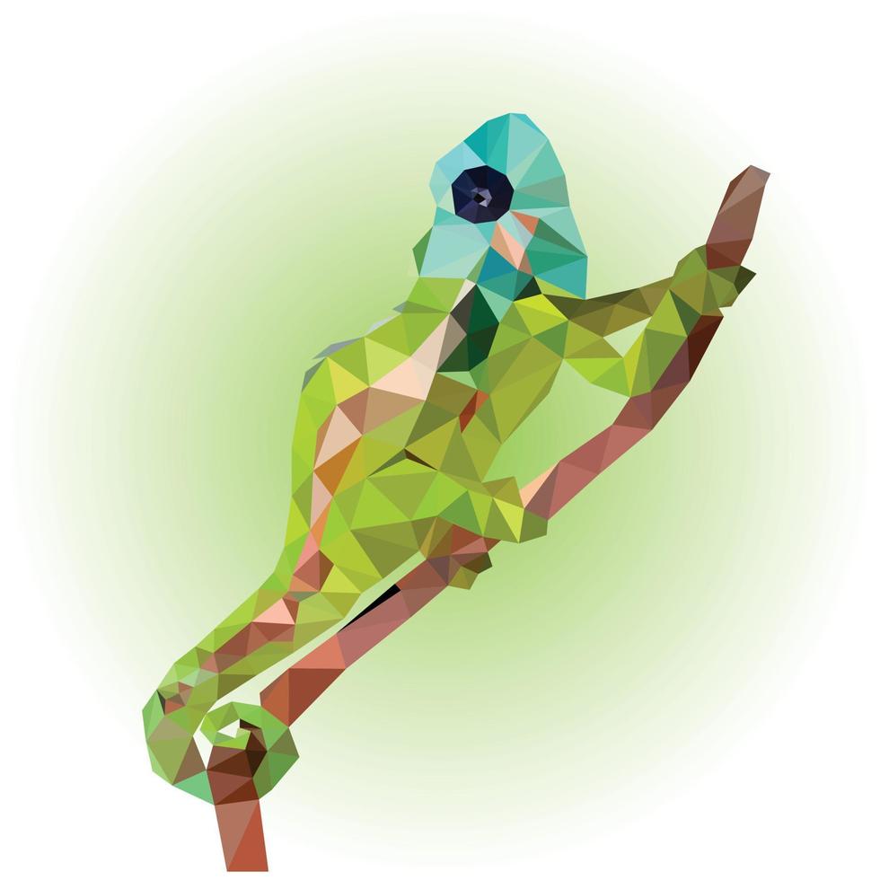 kameleons die op bomen of takken kruipen. eet graag insecten en heeft een lange tong low poly vector