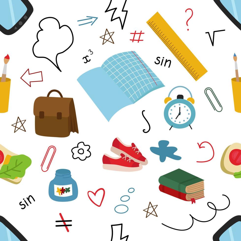 naadloos patroon met elementen terug naar school. aktetas, tablet, penselen, sneakers, formules, handschrift, paperclips, pijlen. heldere vectorillustratie. voor afdrukken op papier of stof vector