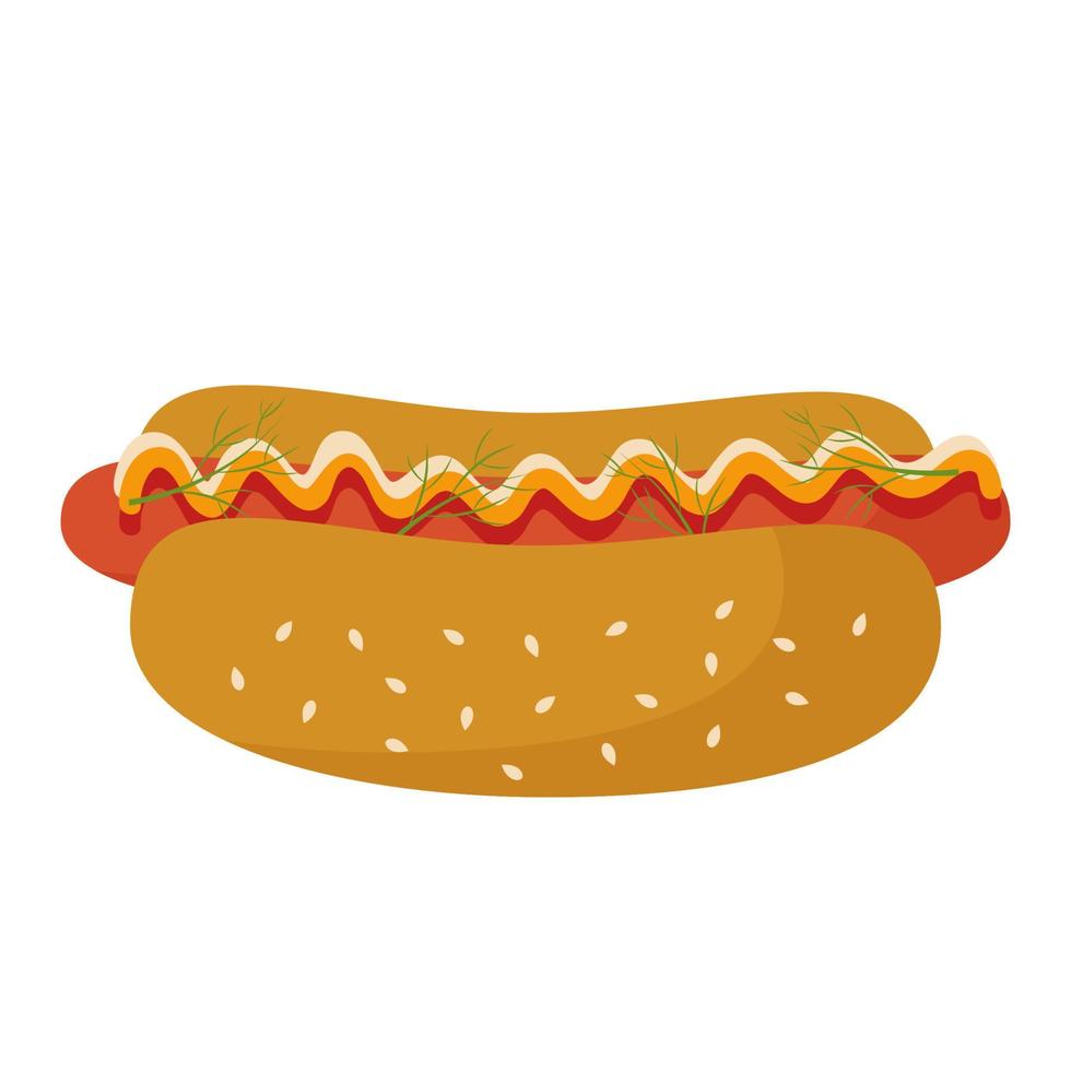 hotdog is een traditioneel broodje met worst, mosterd, mayonaise en kruiden voor het fastfoodconcept. vectorillustratie voor ontwerp of decoratie. vector