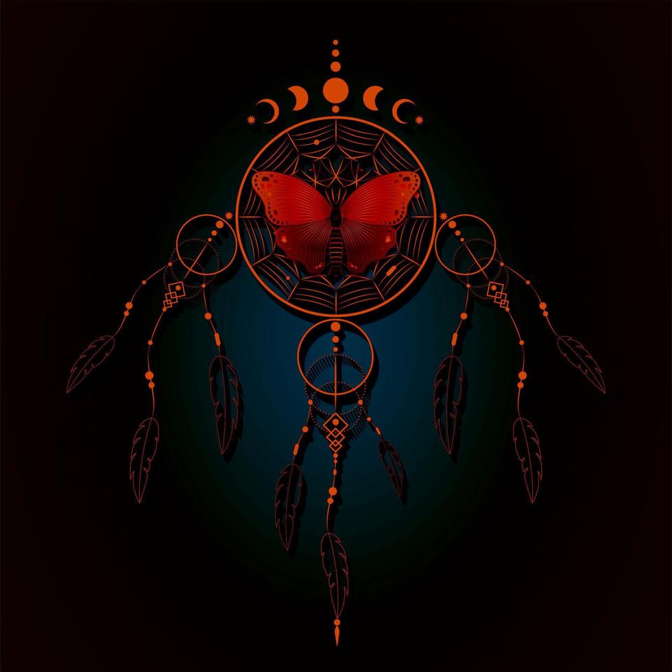 vlinder op dromenvanger met mandala-ornament en maanstanden. gouden mystieke symbool, etnische kunst met native american indian boho design, vector geïsoleerd op nacht zwarte achtergrond