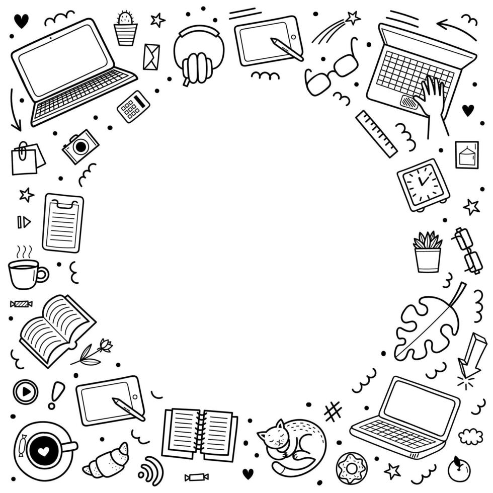 rond frame met vector hand getrokken doodle elementen. werk vanuit huis concept, afstandsonderwijs, preventie van coronavirusepidemieën. objecten geïsoleerd op een witte achtergrond