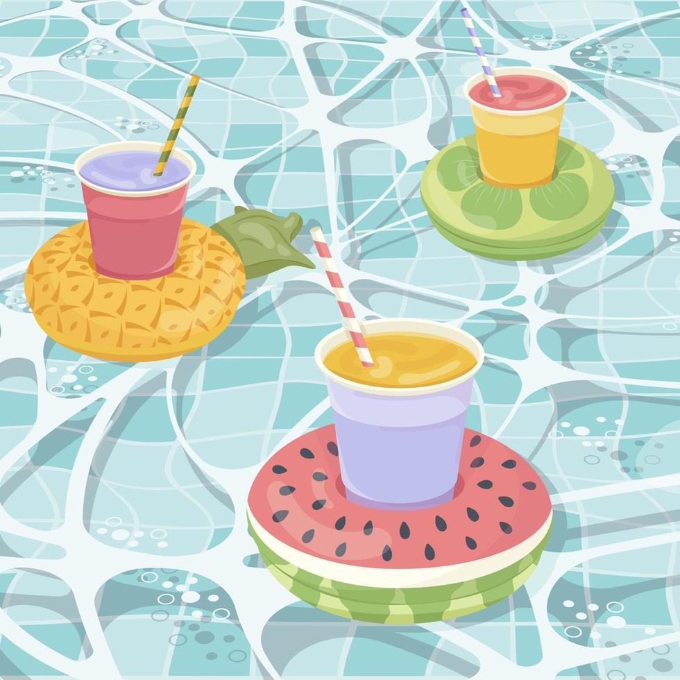 set van de opblaasbare matras in de vorm van een kiwi, ananas en watermeloen met cocktails in het zwembad, poolparty, strandvakantie, hotelvakantie met opblaasbaar speelgoed vector