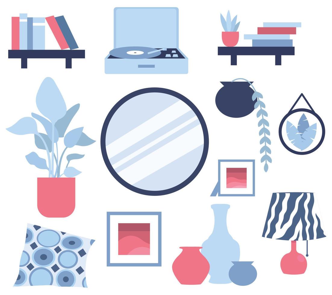 interieur. een set accessoires voor in huis. planten, lamp, plank, spiegel, foto's, vaas, kussen en platenspeler. platte vectorillustratie op een witte achtergrond vector