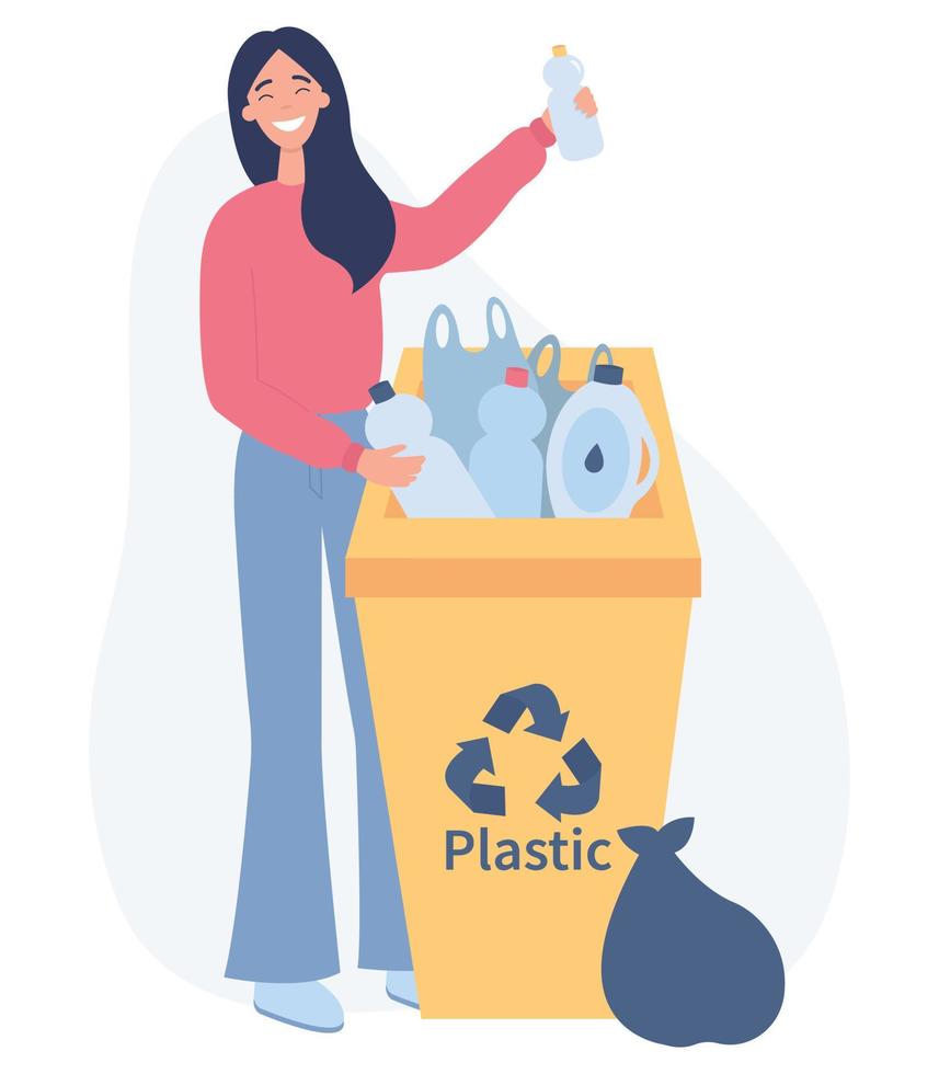 verantwoordelijke vrouwen staan in de buurt van vuilnisbak met plastic. meisje dat afval sorteert voor recycling. milieu en ecologie concept. platte vectorillustratie op een witte achtergrond. vector