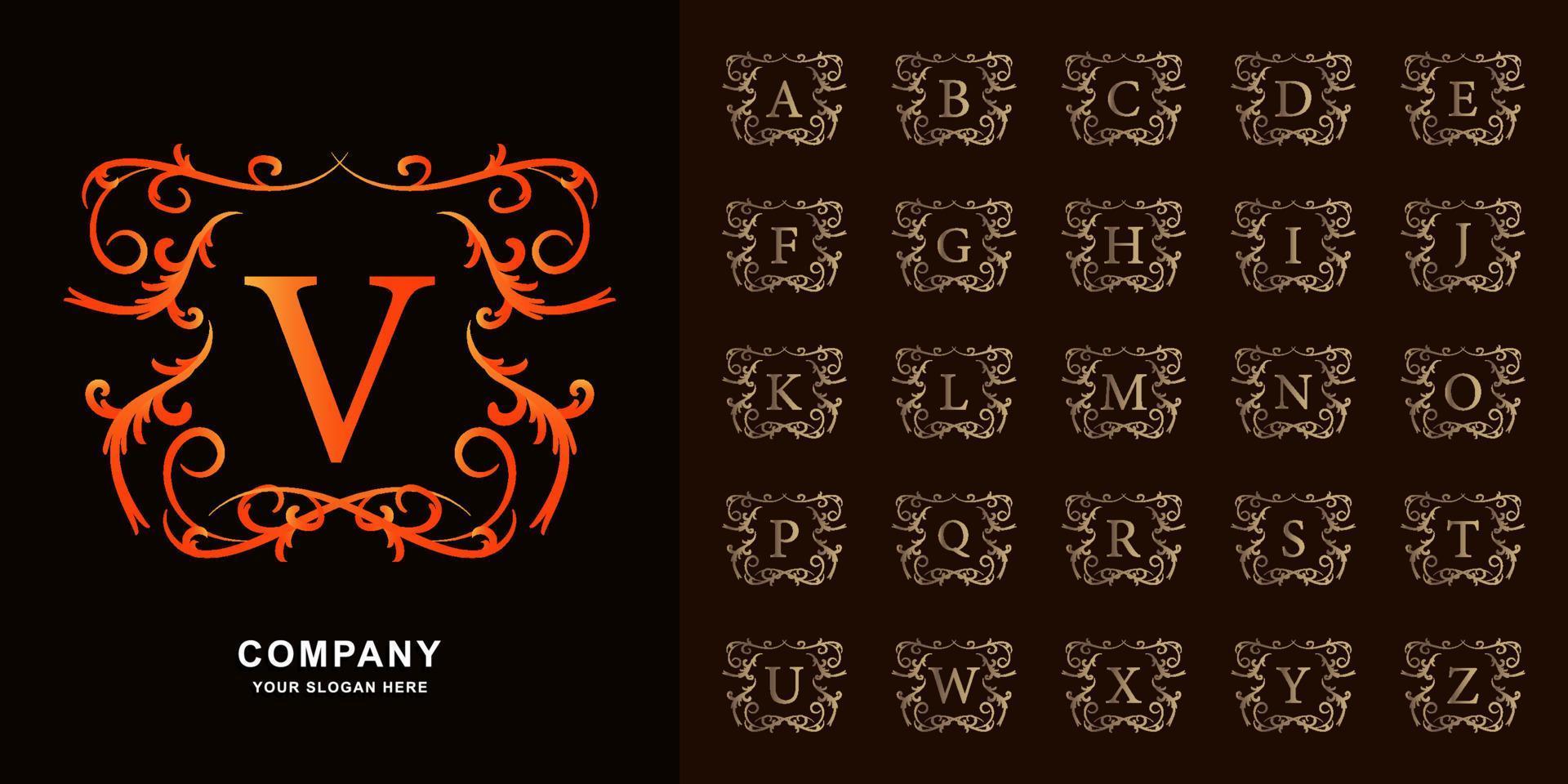 letter v of collectie eerste alfabet met luxe ornament bloemen frame gouden logo sjabloon. vector