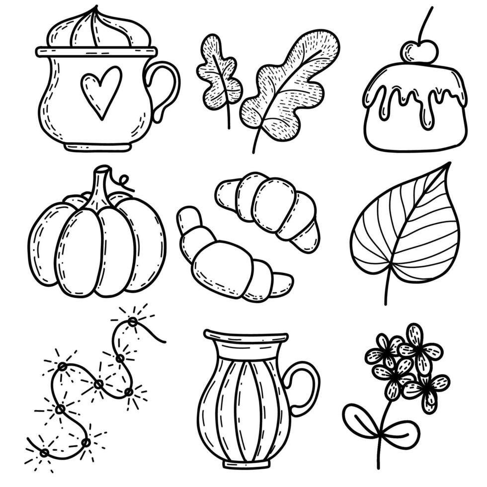 set lijntekeningen met croissants, koffiekopje, bladeren, vaas, bloemen, lichten, cake met kers, slinger. vector illustratie