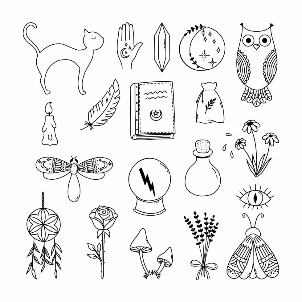 set van magische symbool in doodle stijl. illustratie voor halloween. magie en alchemie. vector