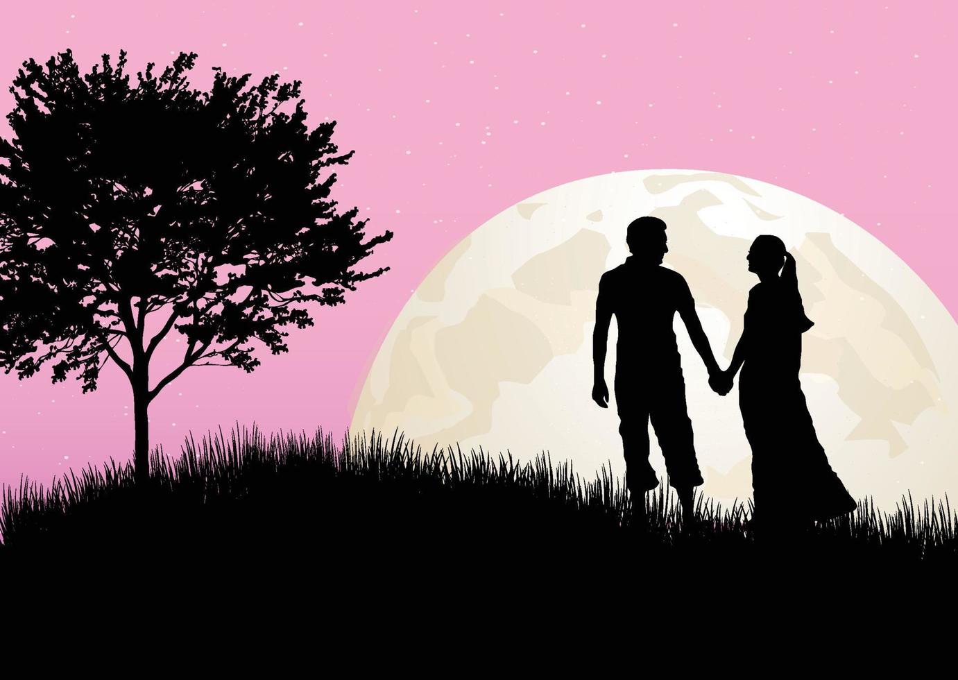 silhouet paar man en vrouw hand in hand op heuvel onder maanlicht vector