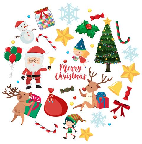 Kerstmiskarakters en ornamenten op witte achtergrond vector