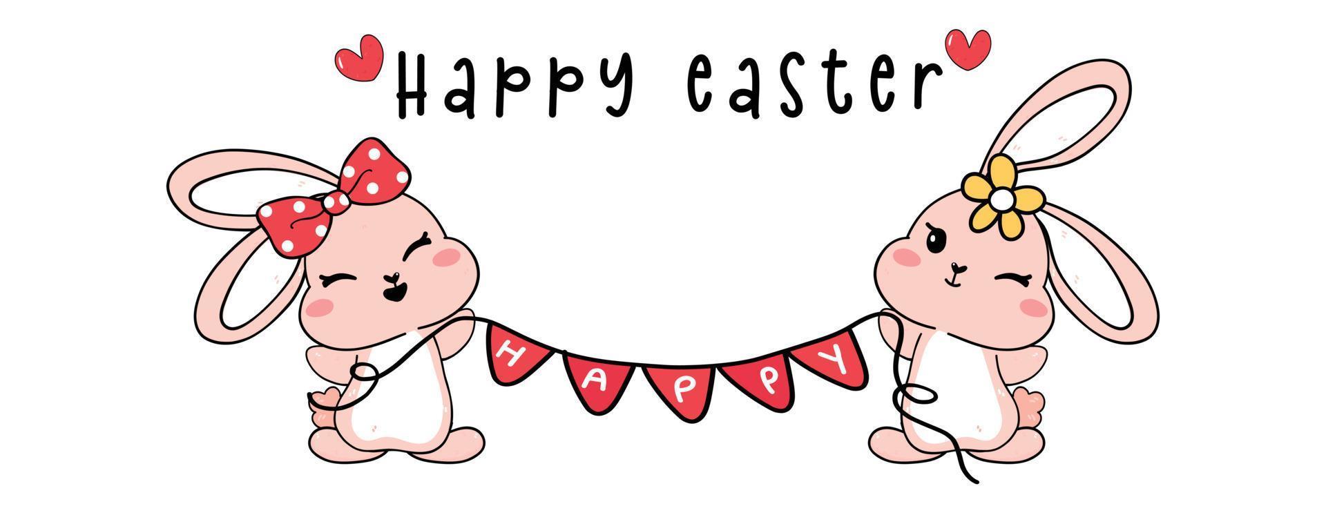 schattig twee paar gelukkig pasen schattig konijntje konijn bedrijf gelukkige vlag banner cartoon tekening schets vector