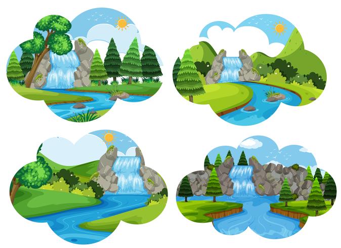 Set van waterval natuur scènes vector