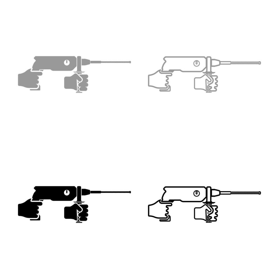 elektrische roterende hamer boor in de hand met gereedschap gebruik arm met behulp van elektrisch gereedschap ingesteld pictogram grijs zwarte kleur vector illustratie vlakke stijl afbeelding