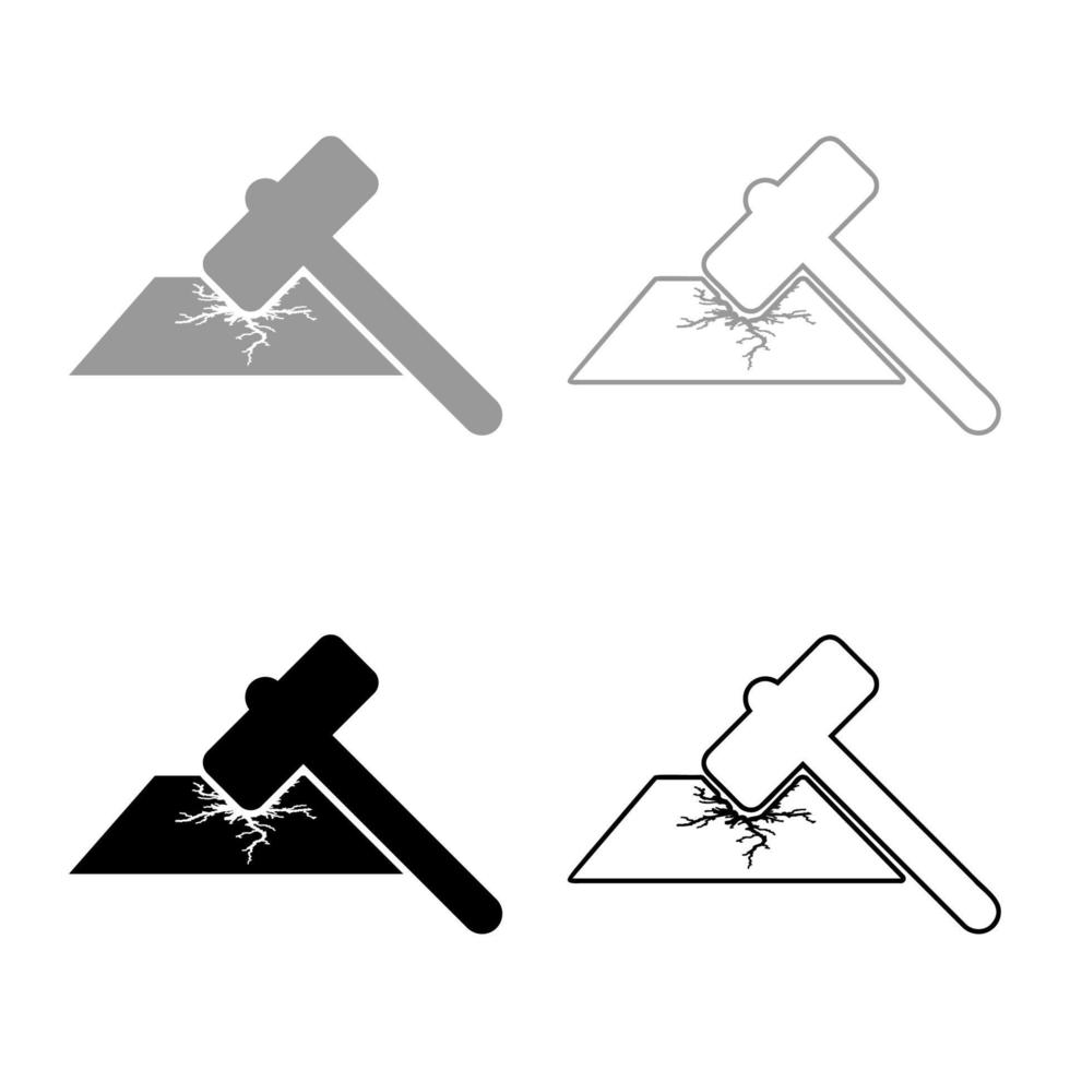 voorhamer breekt hard oppervlak met vorming van sterke scheuren pictogram overzicht set zwart grijze kleur vector illustratie vlakke stijl afbeelding