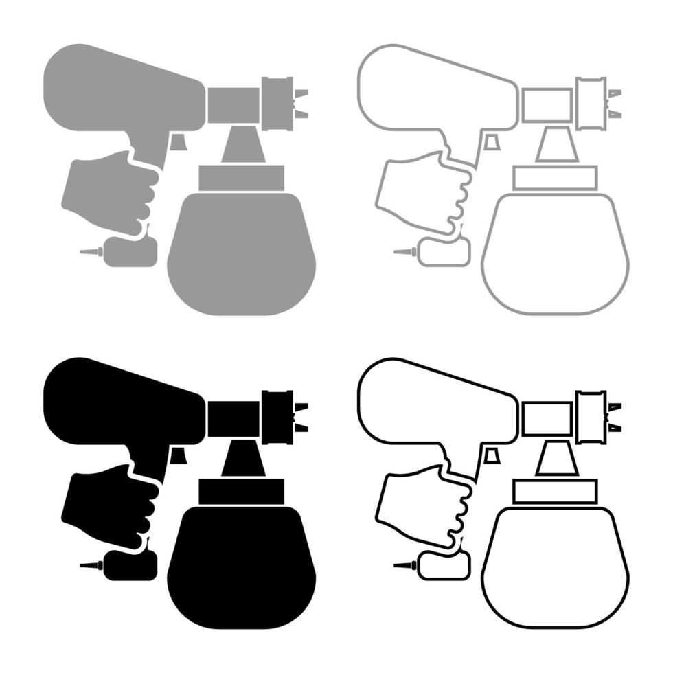 spuitpistool bedrijf in de hand sproeier met behulp van arm gebruik gereedschap verstuiver vergruizer ingesteld pictogram grijs zwart kleur vector illustratie vlakke stijl afbeelding