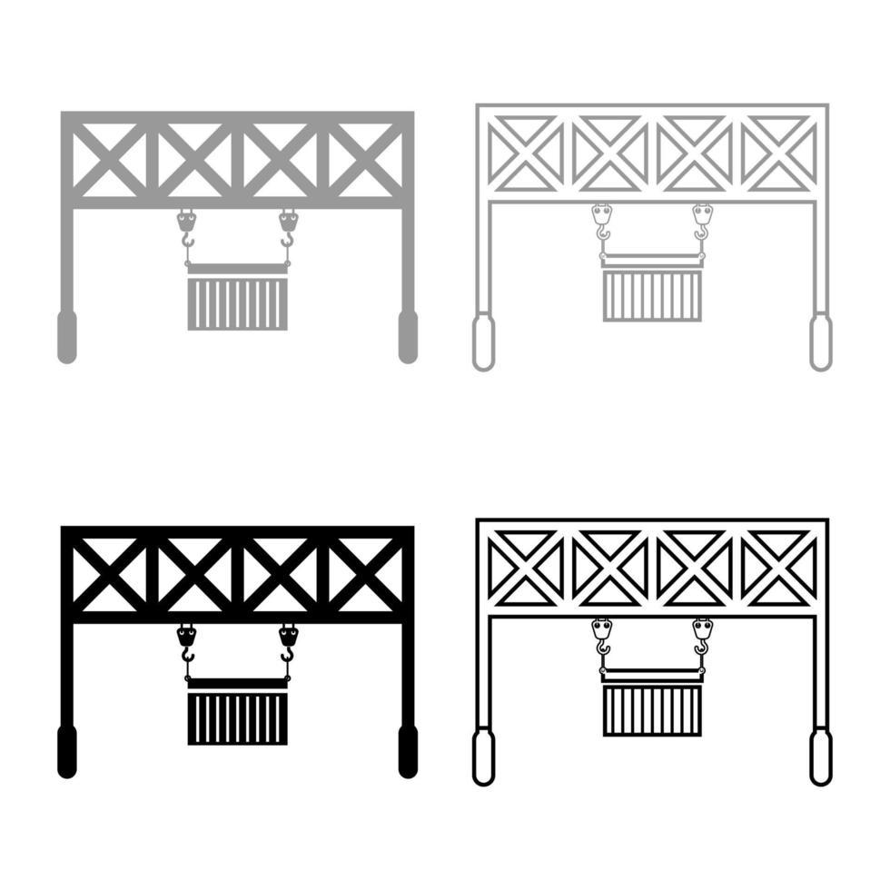 havenlader spoorweg kraan met lading container hijs goederen logistiek technologie terminal service pictogram overzicht set zwart grijze kleur vector illustratie vlakke stijl afbeelding