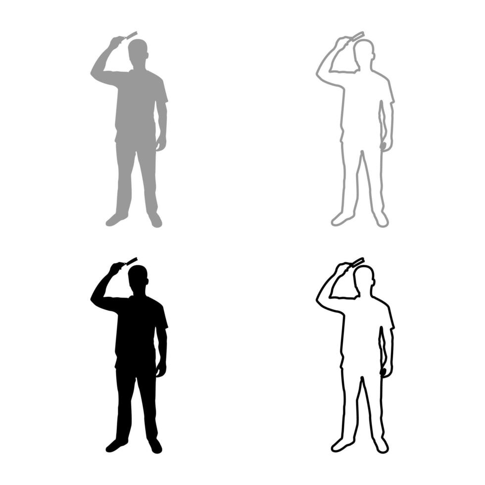 man kamt haar gebruik haarborstel vooraanzicht silhouet grijs zwart kleur vector illustratie solide omtrek stijl afbeelding