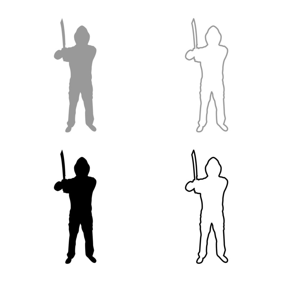 man met zwaard machete koude wapens in de hand militair man soldaat militair in posities jager met mes gevecht poses sterke verdediger krijger concept wapens stand silhouet grijs zwarte kleur vector