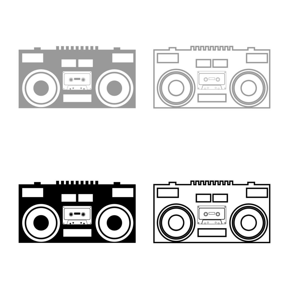 cassetterecorder mobiele stereo muziek pictogram overzicht set zwart grijs kleur vector illustratie vlakke stijl afbeelding