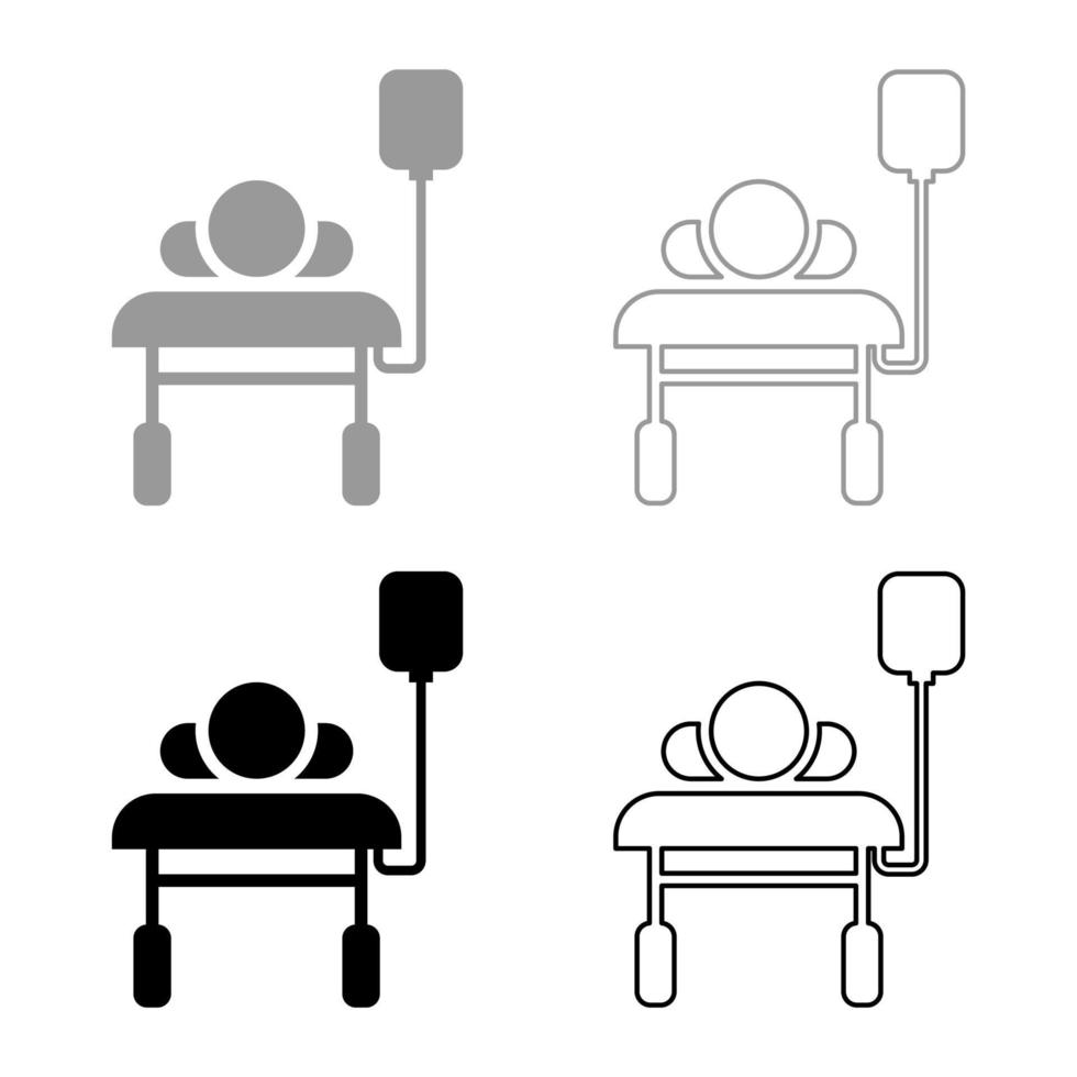 patiënt liggend op medische bed Bank met druppelaar man met vallende fles noodtherapie concept injecteren reanimatie intensive care pictogram overzicht set zwart grijze kleur vector illustratie plat