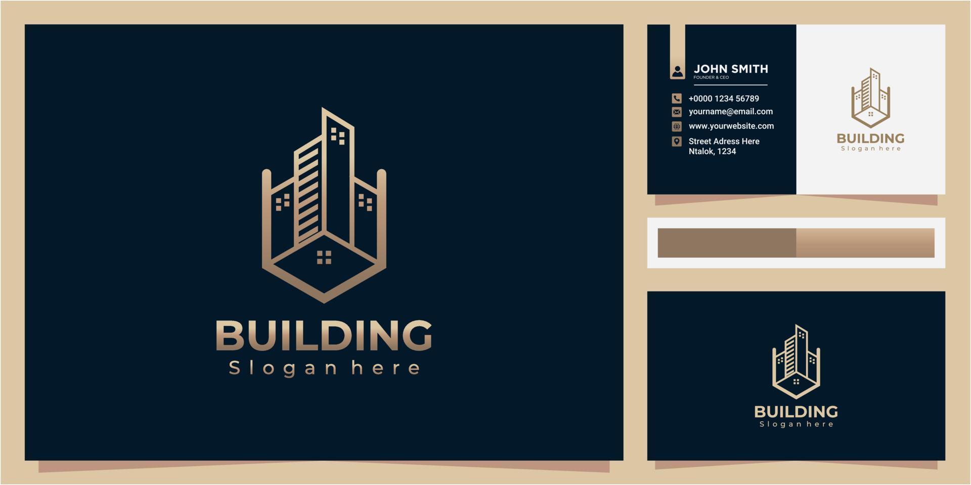 gebouw logo ontwerp met gouden kleurverloop met visitekaartje, modern gebouw logo ontwerp vector
