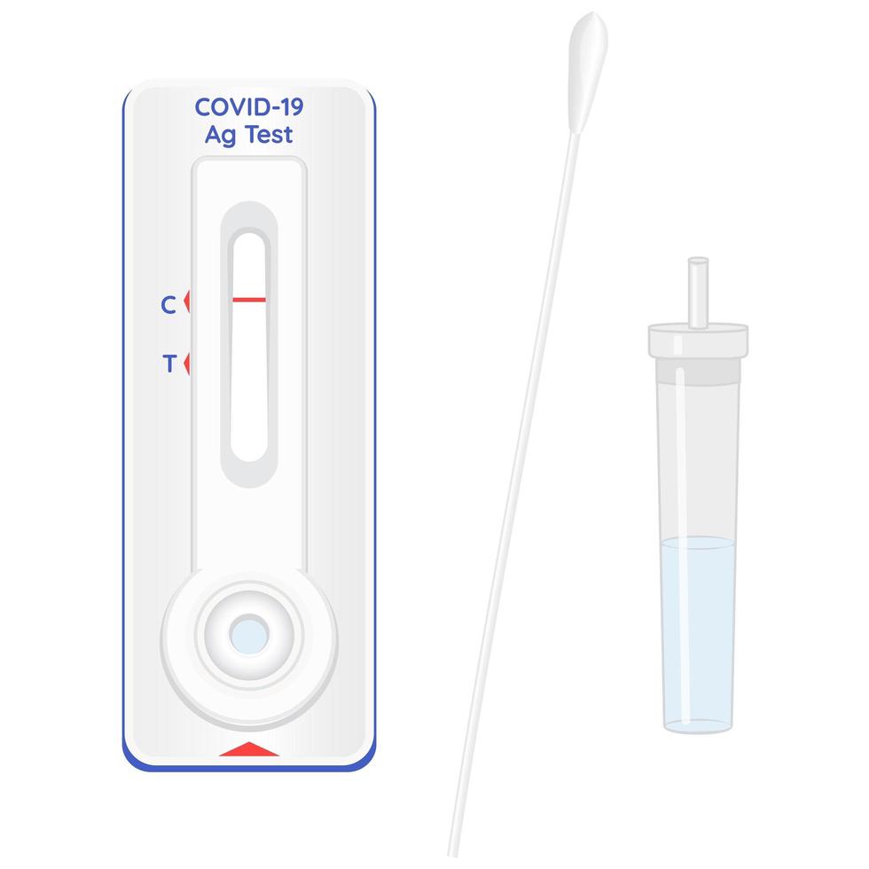 covid-19 snelle antigeentest. coronavirus wisselmonster in lysisbuffer, strip met reagentia, resultaat met antigeenmoleculen. vector. vector