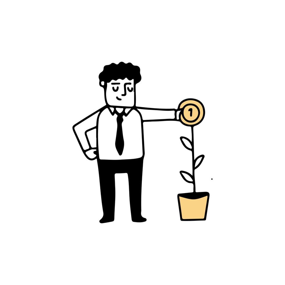 illustratie van een zakenman met groeiende geldplant, met de hand getekende vectorillustratie doodle style vector