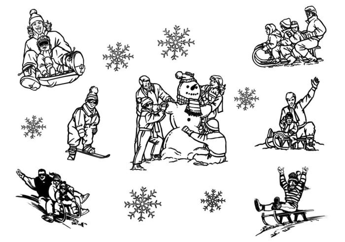 Hand getekende Winter familie rodelen Vector Pack