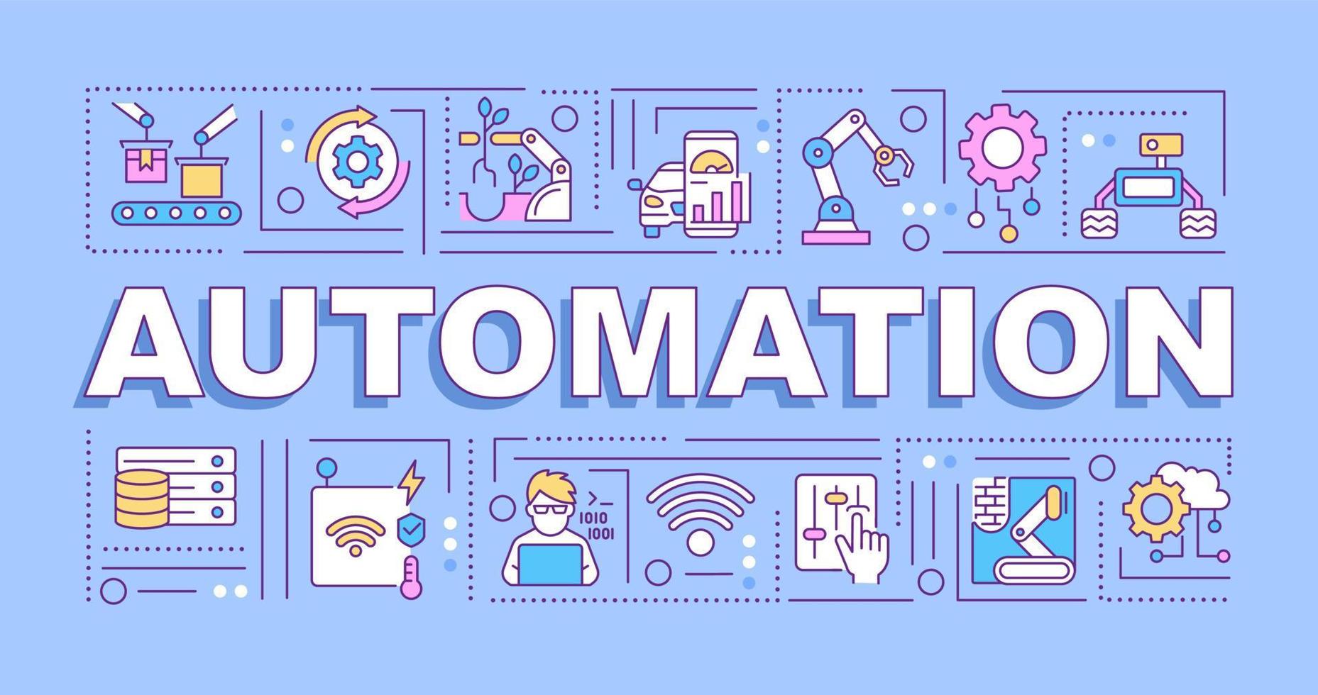 automatisering woord concepten blauwe banner. innovatieve technologie. infographics met lineaire pictogrammen op de achtergrond. geïsoleerde typografie. vector overzicht kleur illustratie met tekst. arial-zwart lettertype gebruikt