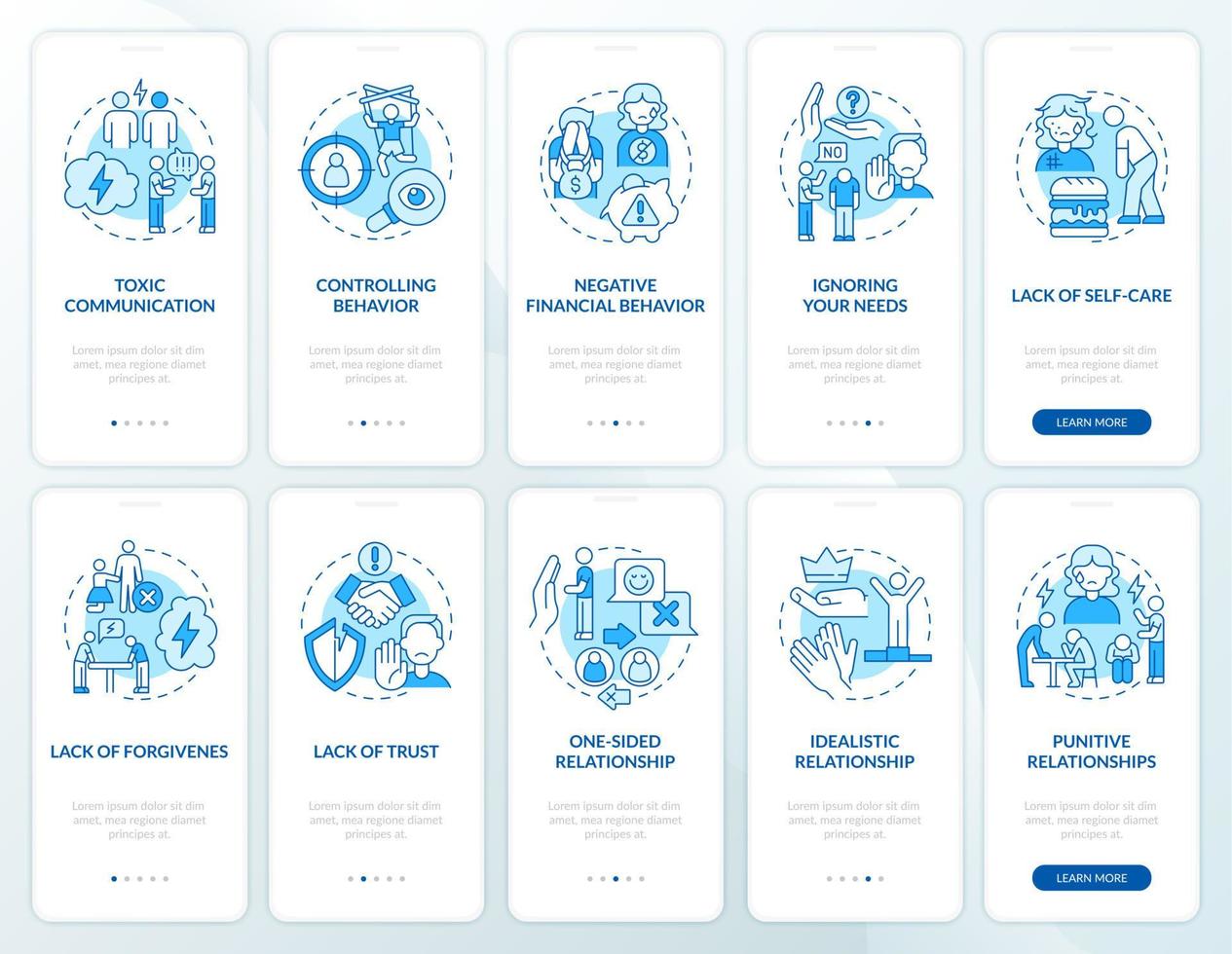 misbruikrelaties aan boord van het paginascherm van de mobiele app. ongezonde communicatie walkthrough 5 stappen grafische instructies met concepten. ui, ux, gui vectorsjabloon met lineaire kleurenillustraties vector