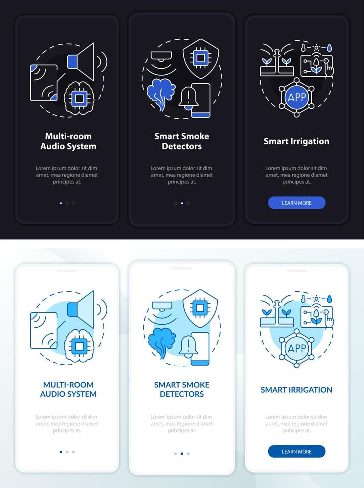 domotica-producten nacht- en dagmodus onboarding mobiele app-scherm. walkthrough 3 stappen grafische instructiepagina's met lineaire concepten. ui, ux, gui-sjabloon. talloze pro-bold, reguliere lettertypen gebruikt vector