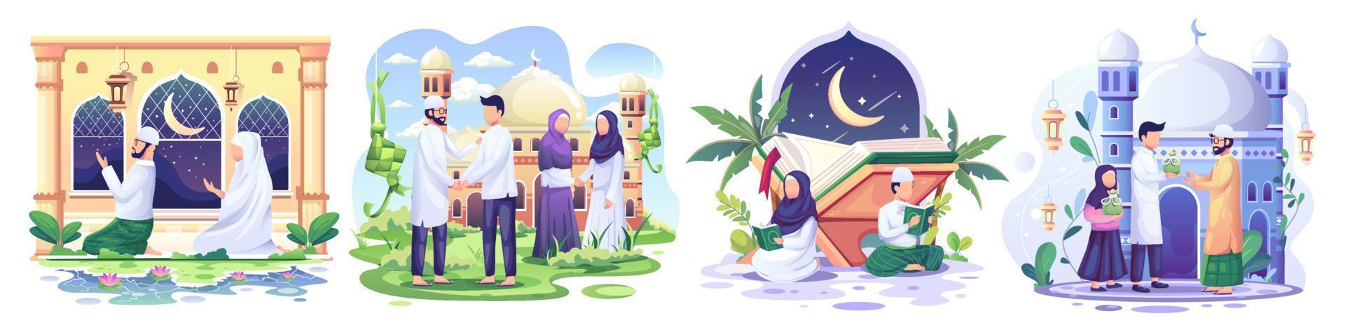 set van ramadan concept illustratie. gelukkige moslimmensen vieren heilige maand ramadan, lezen koran, zakat liefdadigheid, eid mubarak-groet. vector illustratie
